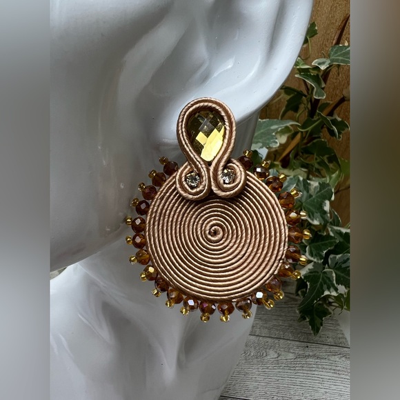 Round Gold Statement Soutache Earrings - Elegant Glam Evening Earrings - Picture 4 of 7